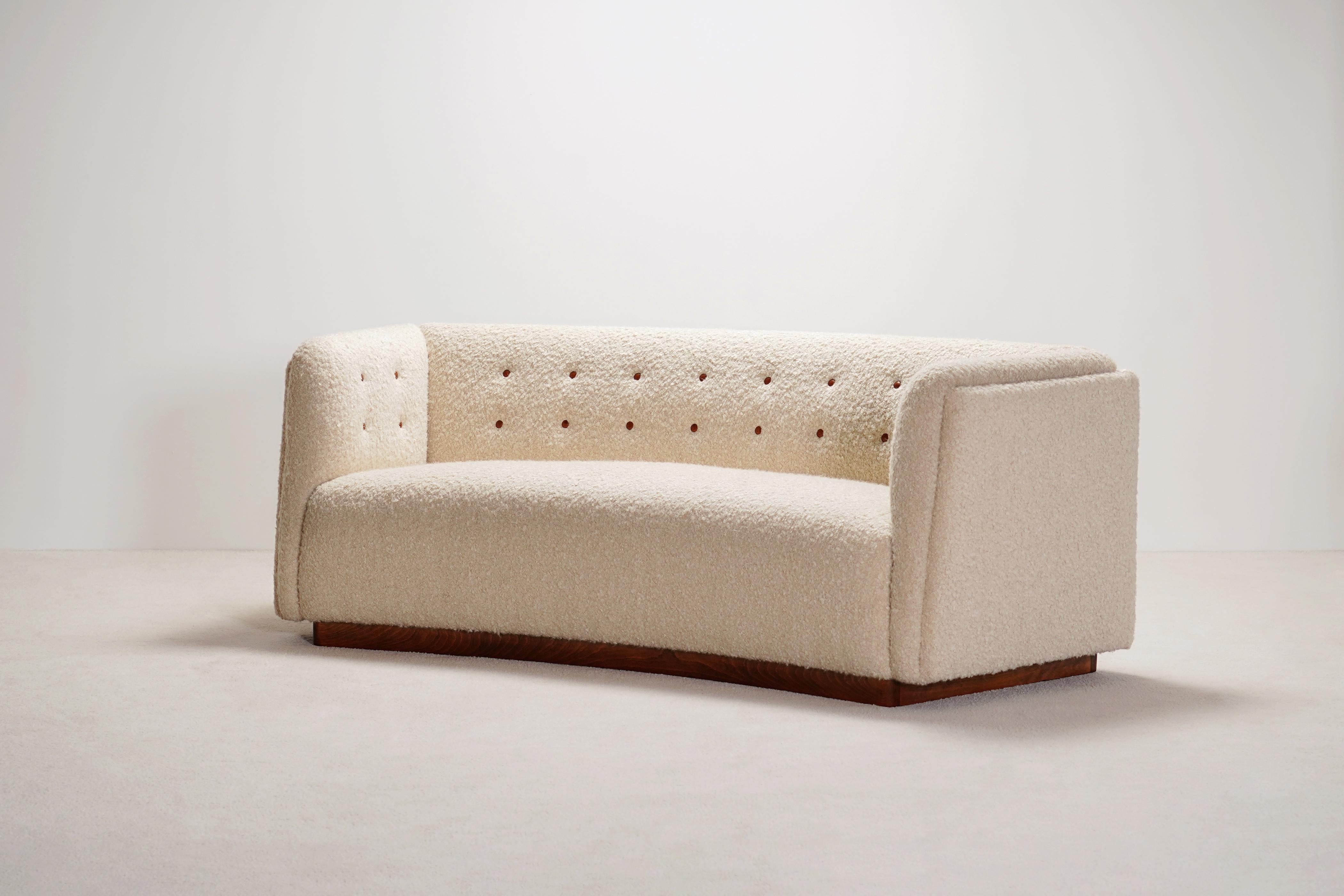 Leather Fritz Hansen Model 1668 Three-Seat Sofa. Wool Bouclé Fabric. Circa 1940. For Sale
