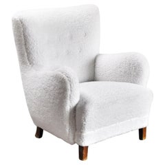 Fritz Hansen Model 1669 Lounge Chair In White Wool, Denmark 1940's