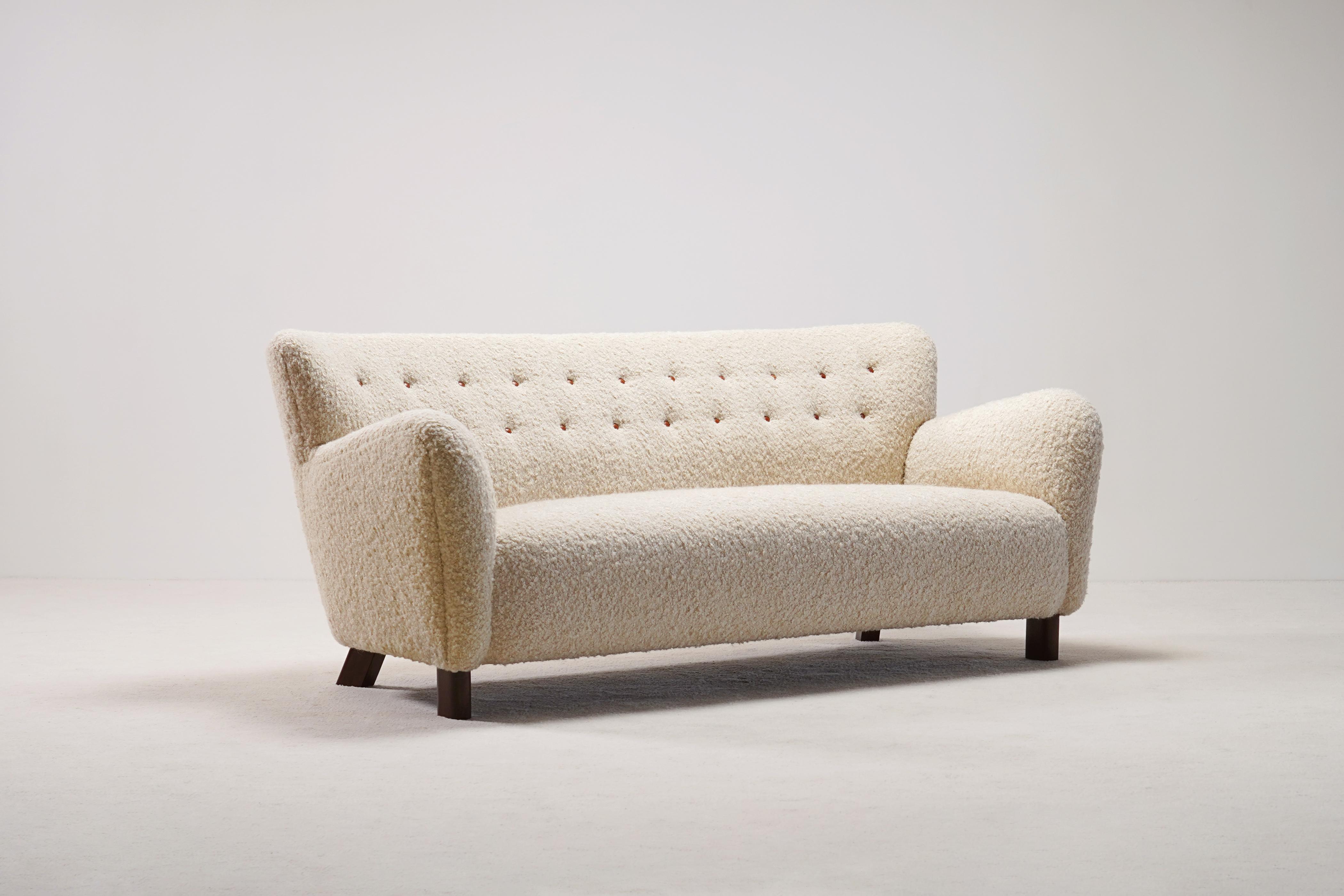 Scandinavian Modern Fritz Hansen Model 1669 Three-Seat Sofa. Wool Bouclé Fabric. Circa 1940. For Sale