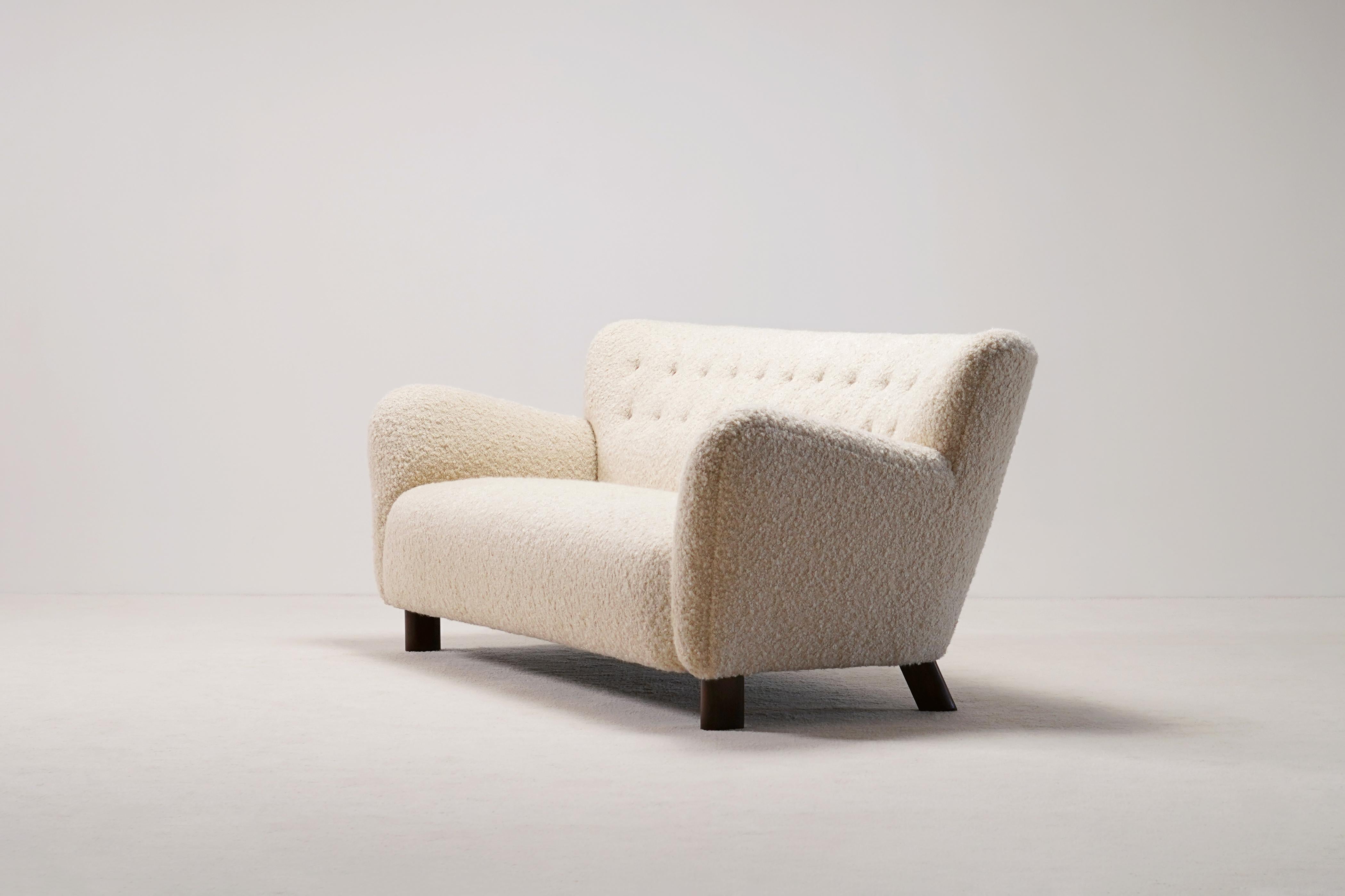 Danish Fritz Hansen Model 1669 Three-Seat Sofa. Wool Bouclé Fabric. Circa 1940. For Sale