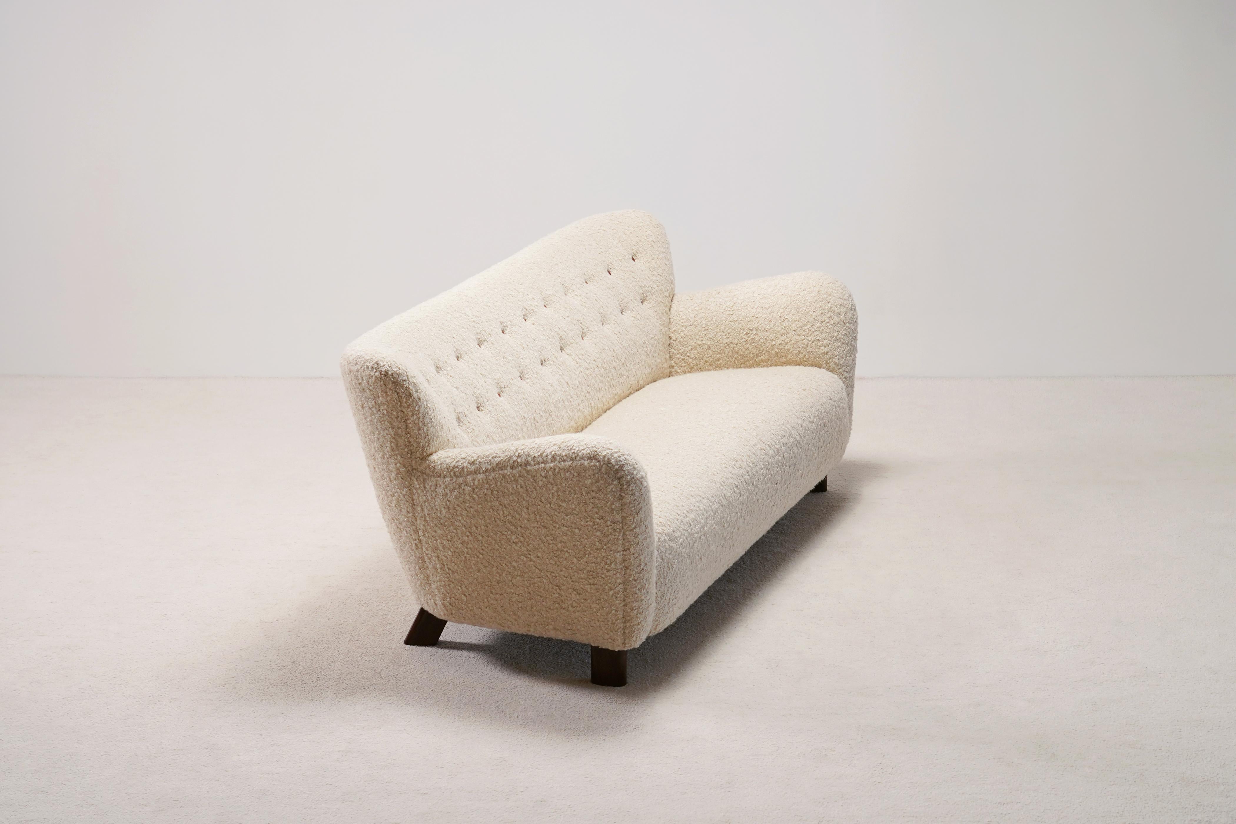 Leather Fritz Hansen Model 1669 Three-Seat Sofa. Wool Bouclé Fabric. Circa 1940. For Sale