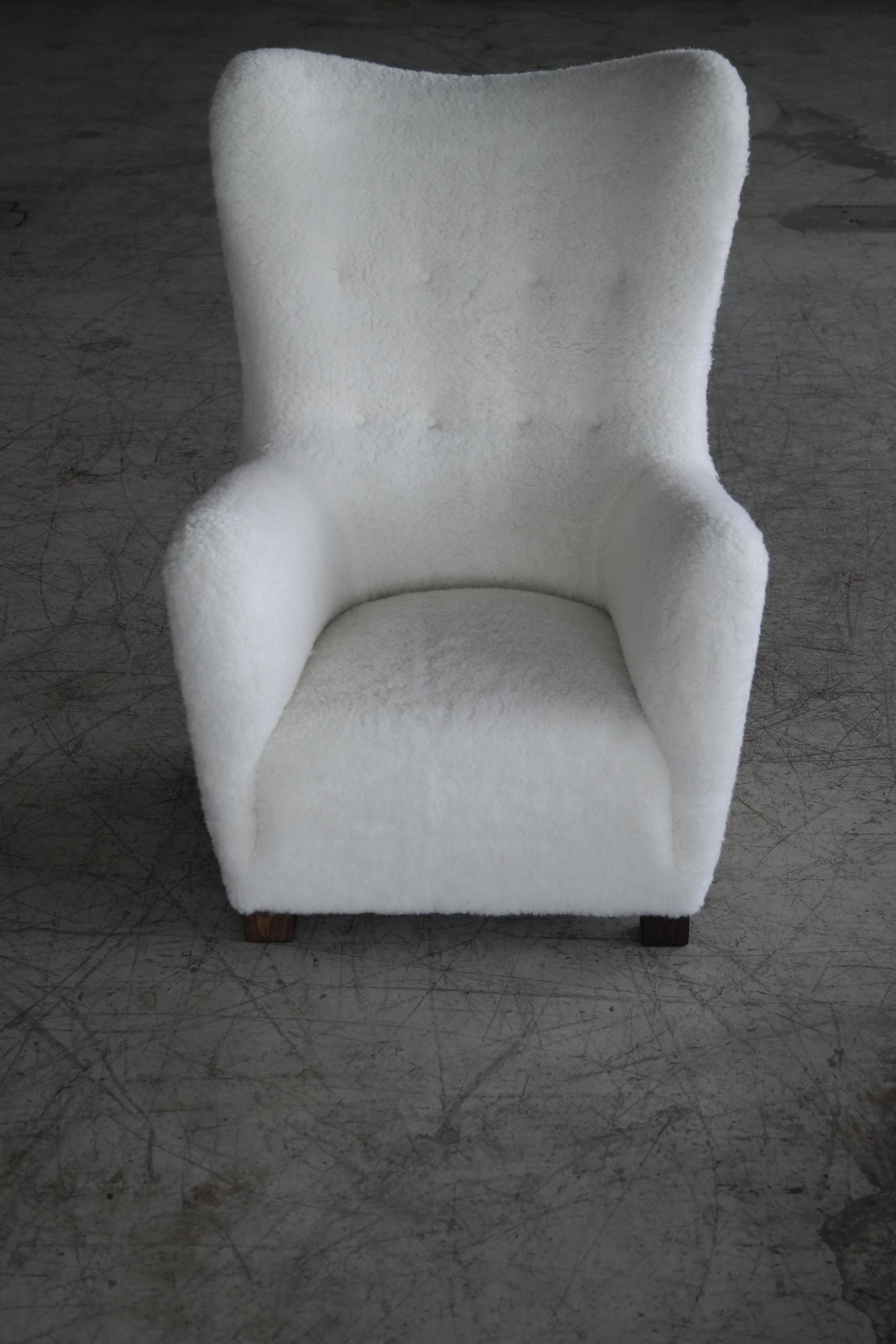 Wool Fritz Hansen Model 1672 High Back Lounge Chair in Lambswool, Denmark, 1940s