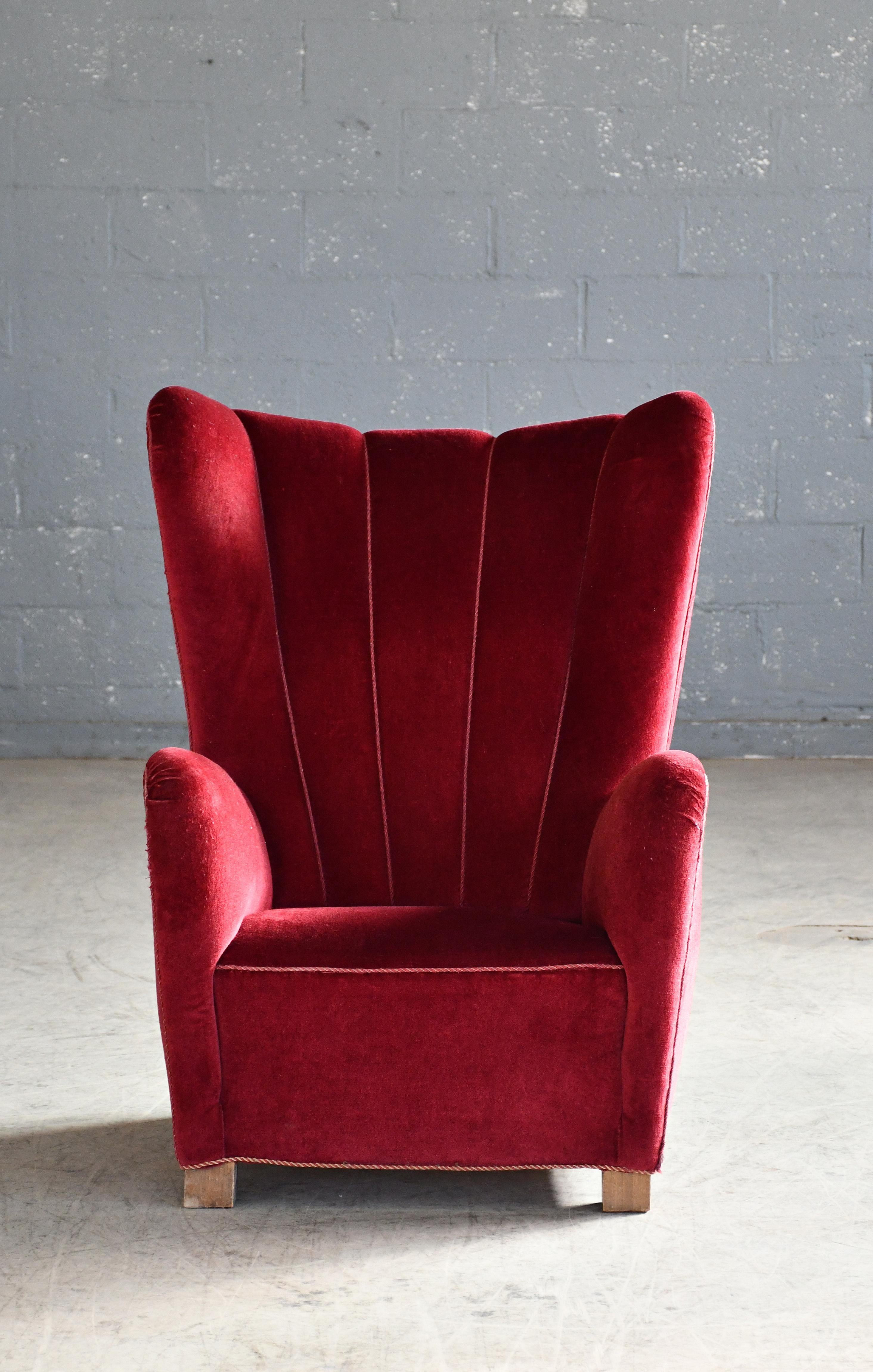 Mid-Century Modern Fauteuil de salon Fritz Hansen modèle 1672 à haut dossier en mohair avec cannelures, années 1940 en vente