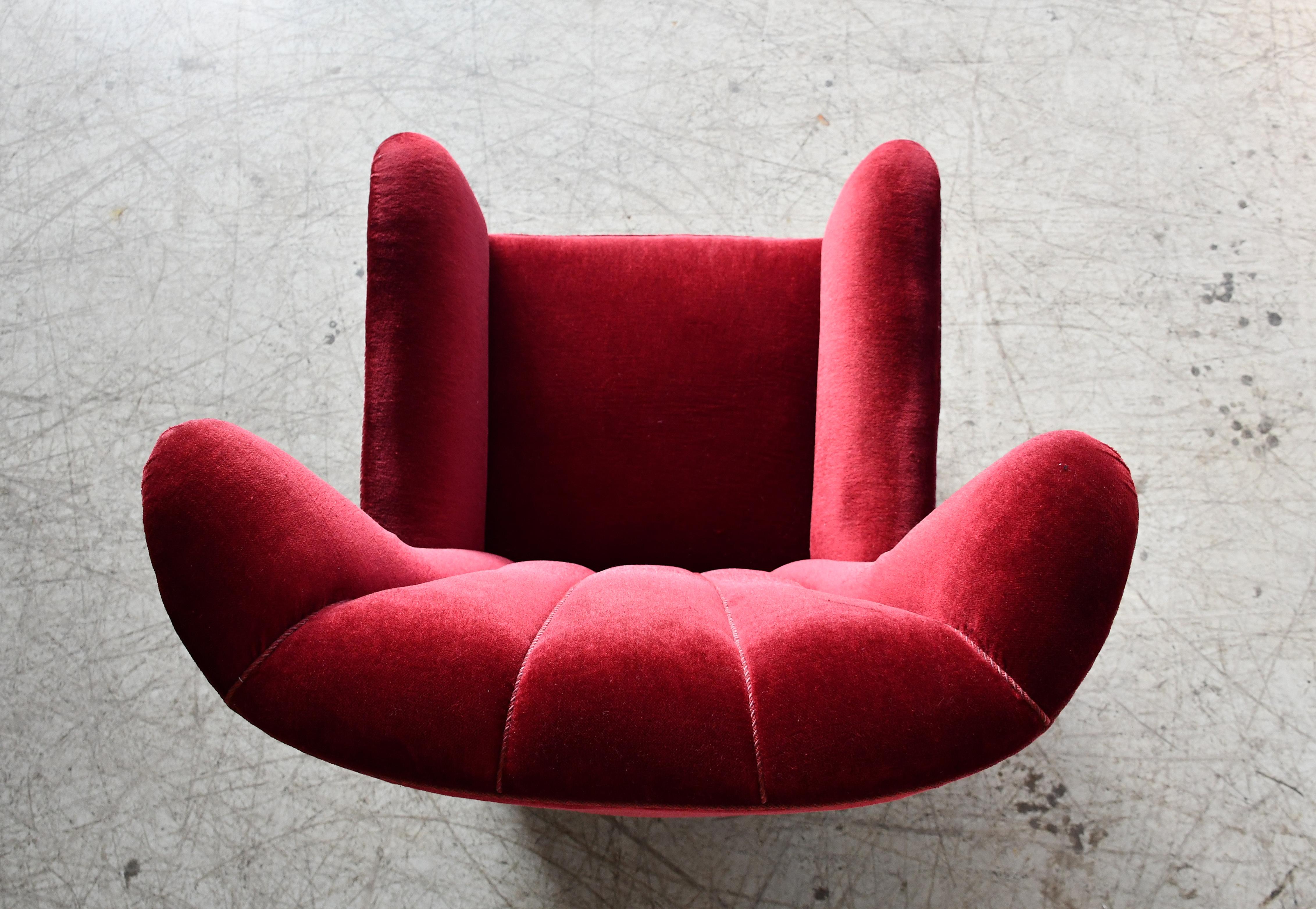 Mohair Fauteuil de salon Fritz Hansen modèle 1672 à haut dossier en mohair avec cannelures, années 1940 en vente