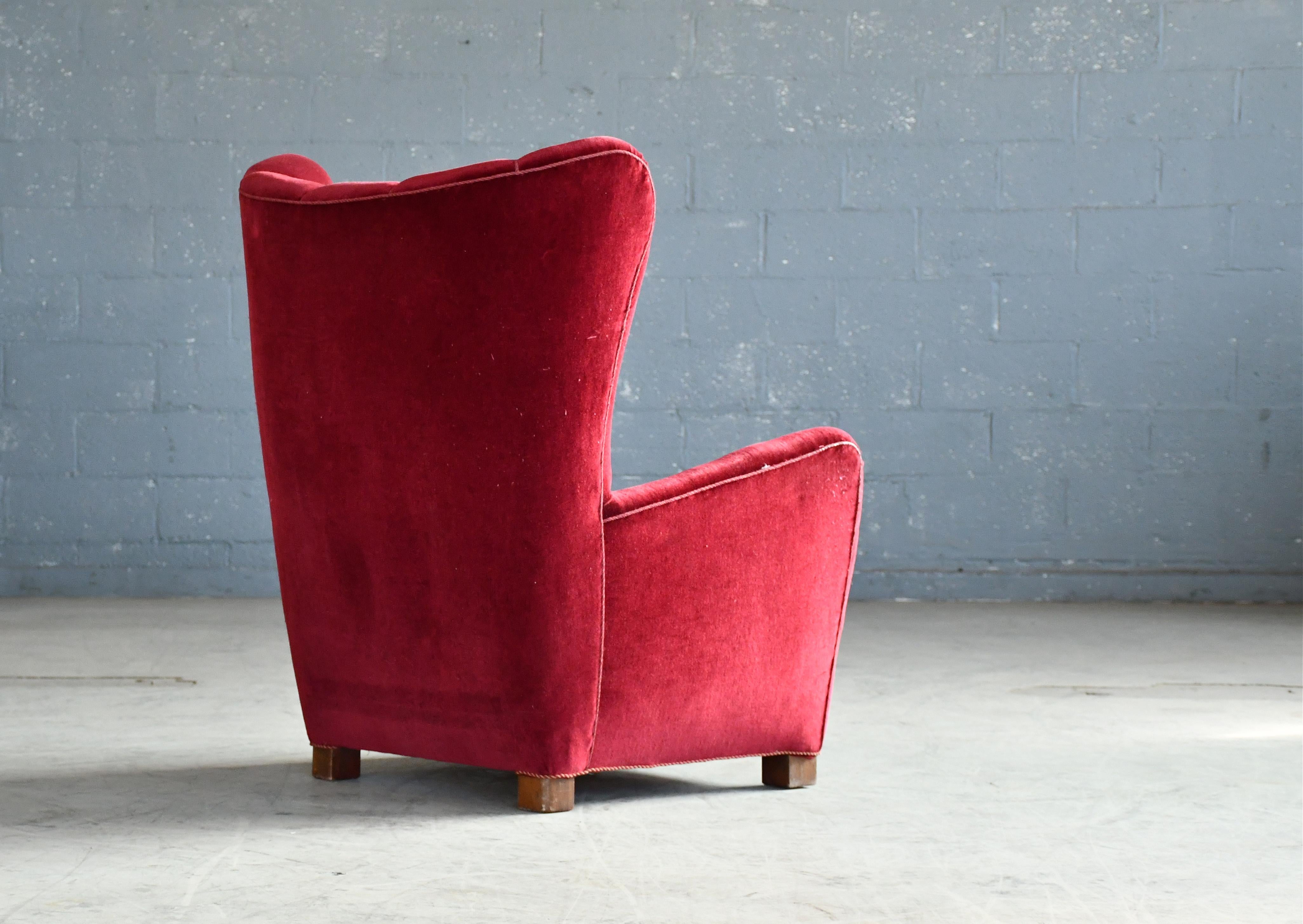 Fauteuil de salon Fritz Hansen modèle 1672 à haut dossier en mohair avec cannelures, années 1940 en vente 1