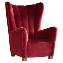 Fritz Hansen Modell 1672 Loungesessel mit hoher Rückenlehne aus Mohair mit Kanalen, 1940er Jahre