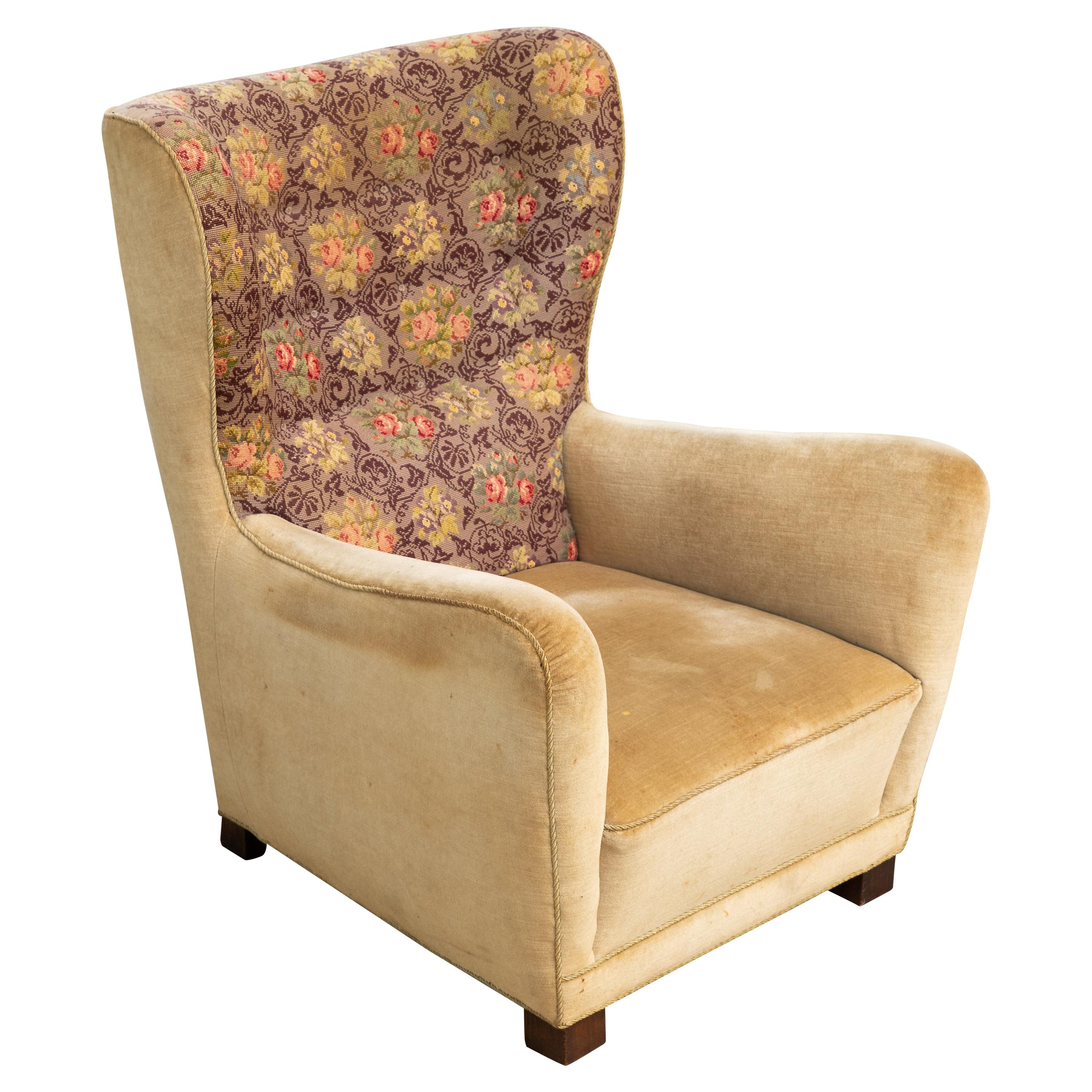 Fritz Hansen Model 1672 High Back Mohair Lounge Chair Danish Midcentury, 1940s