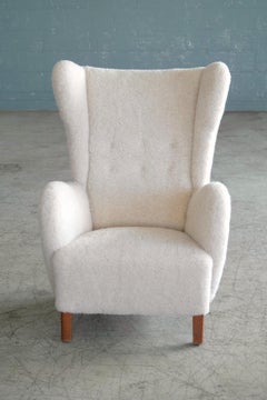 Fritz Hansen Model 1672 Lambswool Covered High Back Lounge Chair Danish, 1940s