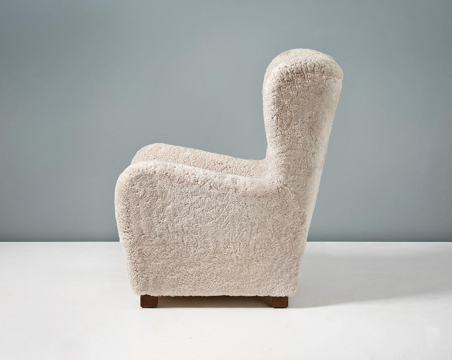 Fritz Hansen Modell 1672, Ohrensessel aus Schafsleder, 1940er-Jahre (Dänisch) im Angebot