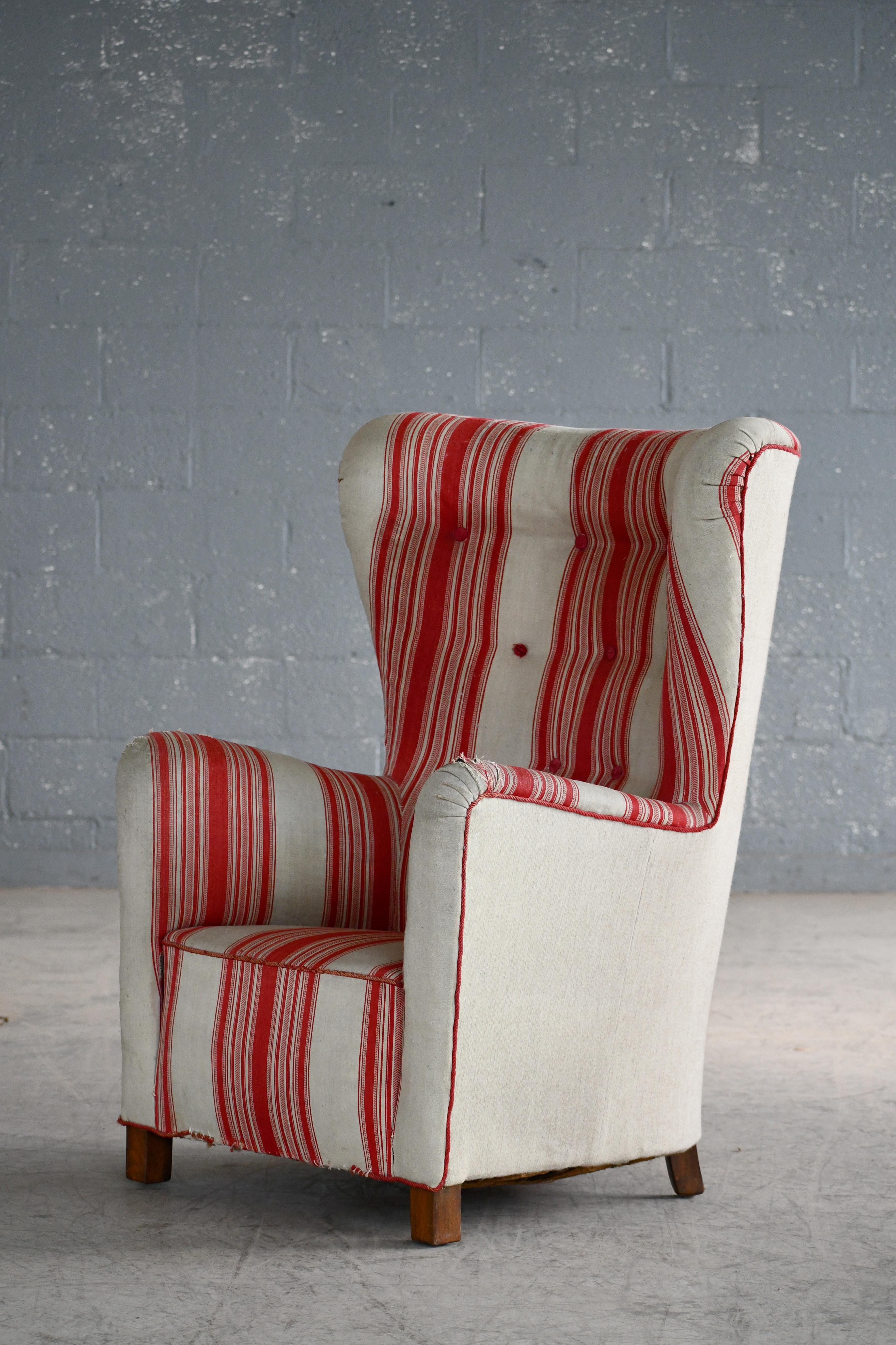 Wool Fritz Hansen Model 1672 Style High Back Lounge Chair Danish, Mid-Century, 1940s