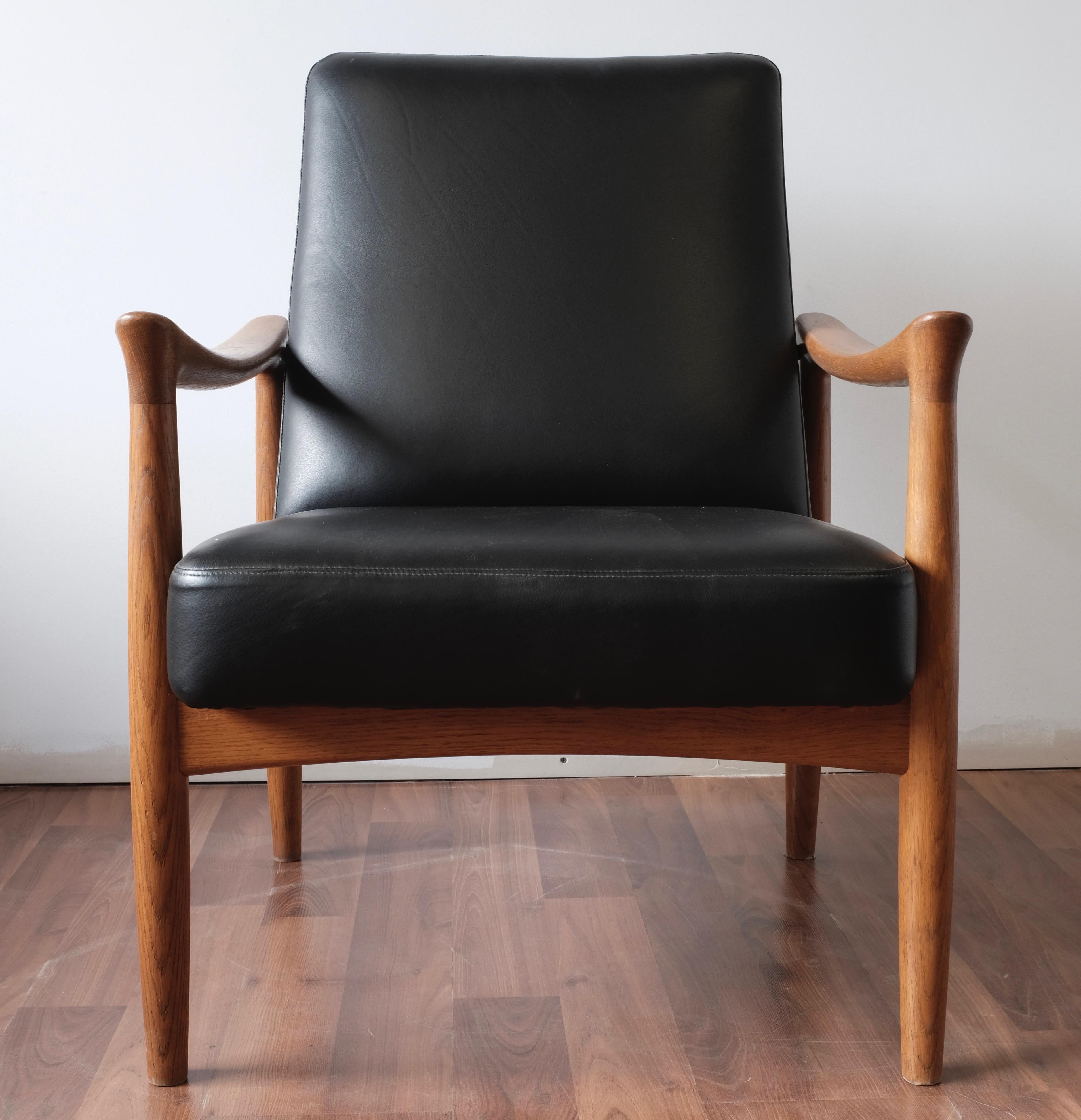 Danish Fritz Hansen Oak Armchair with Black Leather