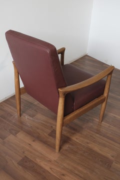 Fritz Hansen Oak Armchair with Burgundy Upholstery