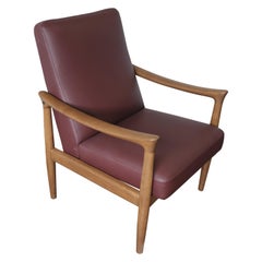 Vintage Fritz Hansen Oak Armchair with Burgundy Upholstery
