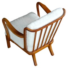 Fritz Hansen Open-Arm Lounge Chair with Slat Back Covered in Lambswool, 1940s