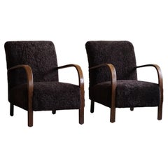 Fritz Hansen, Pair of Danish Curved Art Deco Lounge Chairs, Reupholstered, 1940s