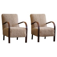Retro Fritz Hansen, Pair of Danish Curved Art Deco Lounge Chairs, Reupholstered, 1940s