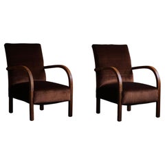 Fritz Hansen, Pair of Danish Curved Art Deco Lounge Chairs, Reupholstered, 1940s