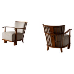 Fritz Hansen pair of easy chair made of oak and fabric Model 1590, Denmark, 1942