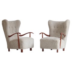 Fritz Hansen Pair of Easy Chairs Model 1582 in Beech & Sheepskin, Denmark, 1930s