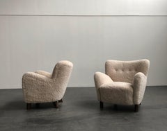 Fritz Hansen Pair of Easy Chairs in Beige Sheepskin, Model 1669, 1930s
