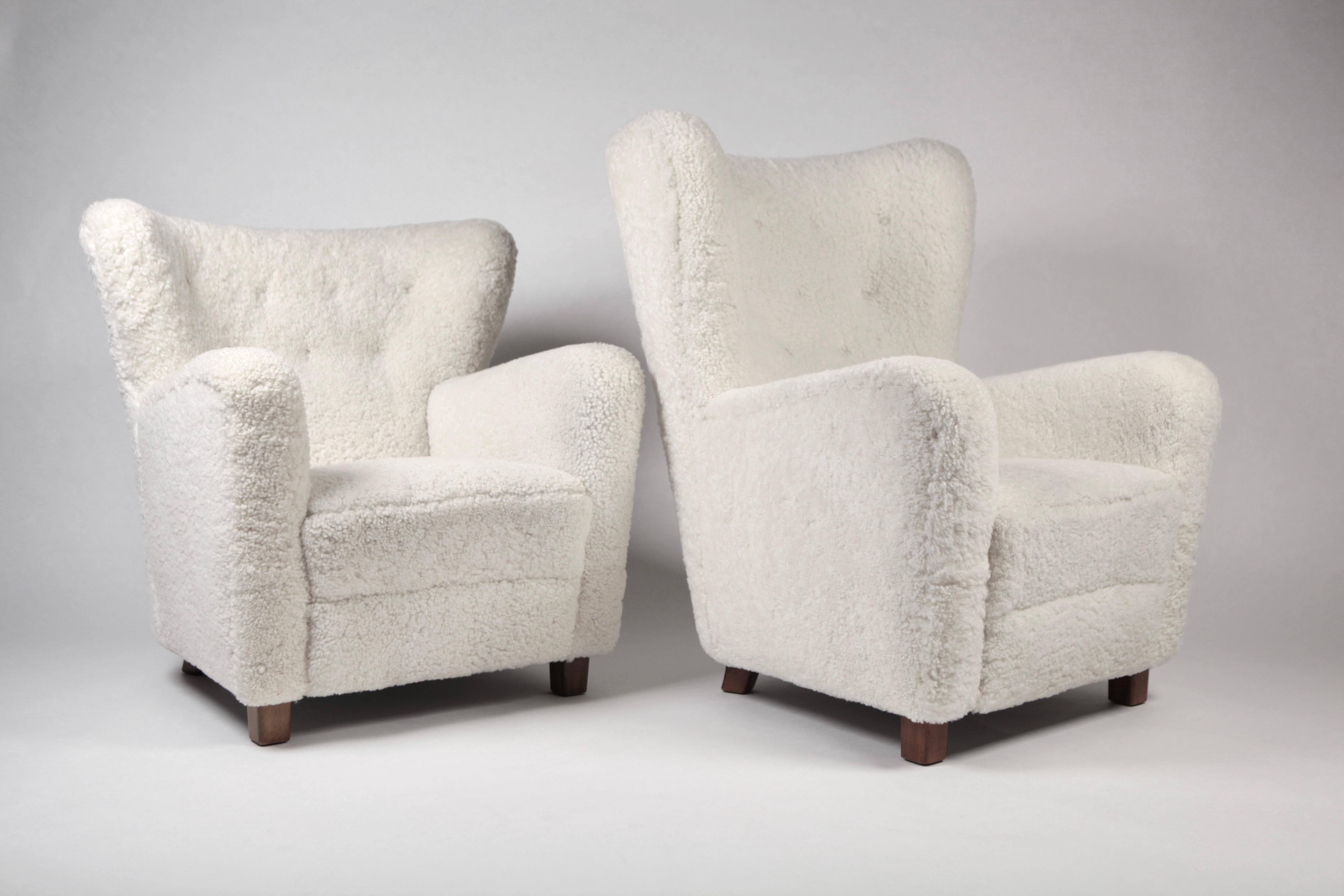 Fritz Hansen, Pair of High & Low Back Wing Chair in Shearling, Denmark, 1940s 7