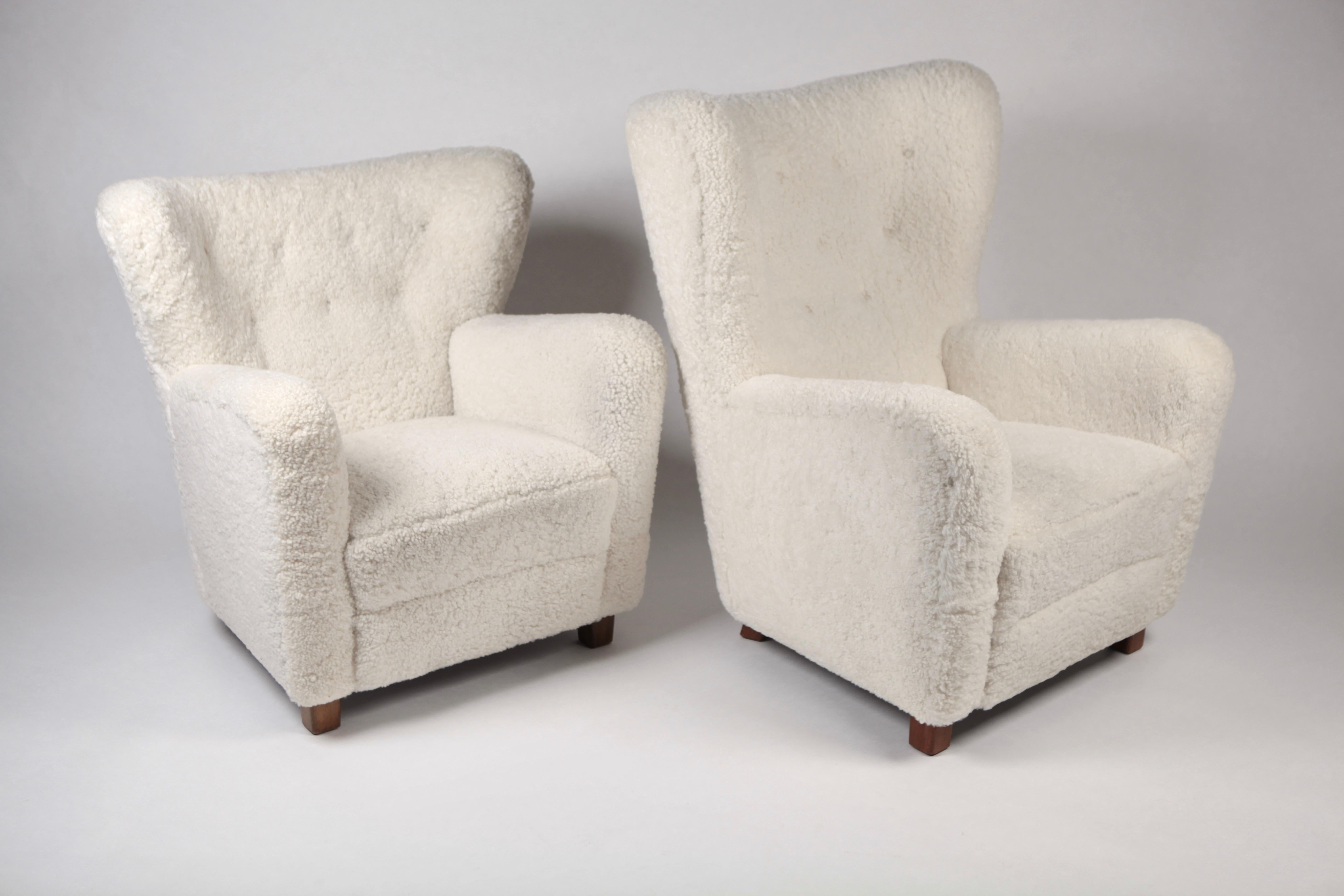 Fritz Hansen, Pair of High & Low Back Wing Chair in Shearling, Denmark, 1940s 8