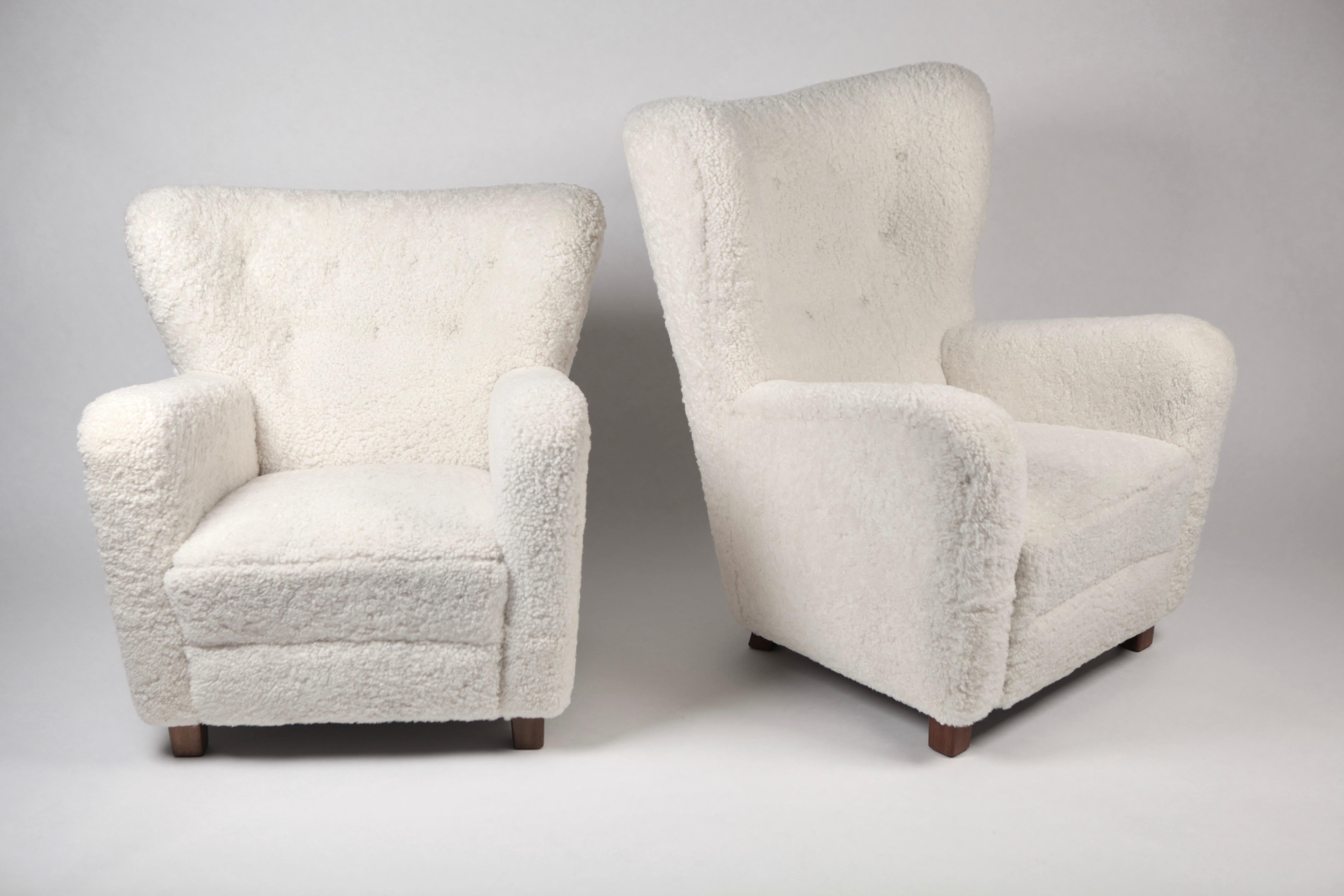 Fritz Hansen, Pair of High & Low Back Wing Chair in Shearling, Denmark, 1940s 9