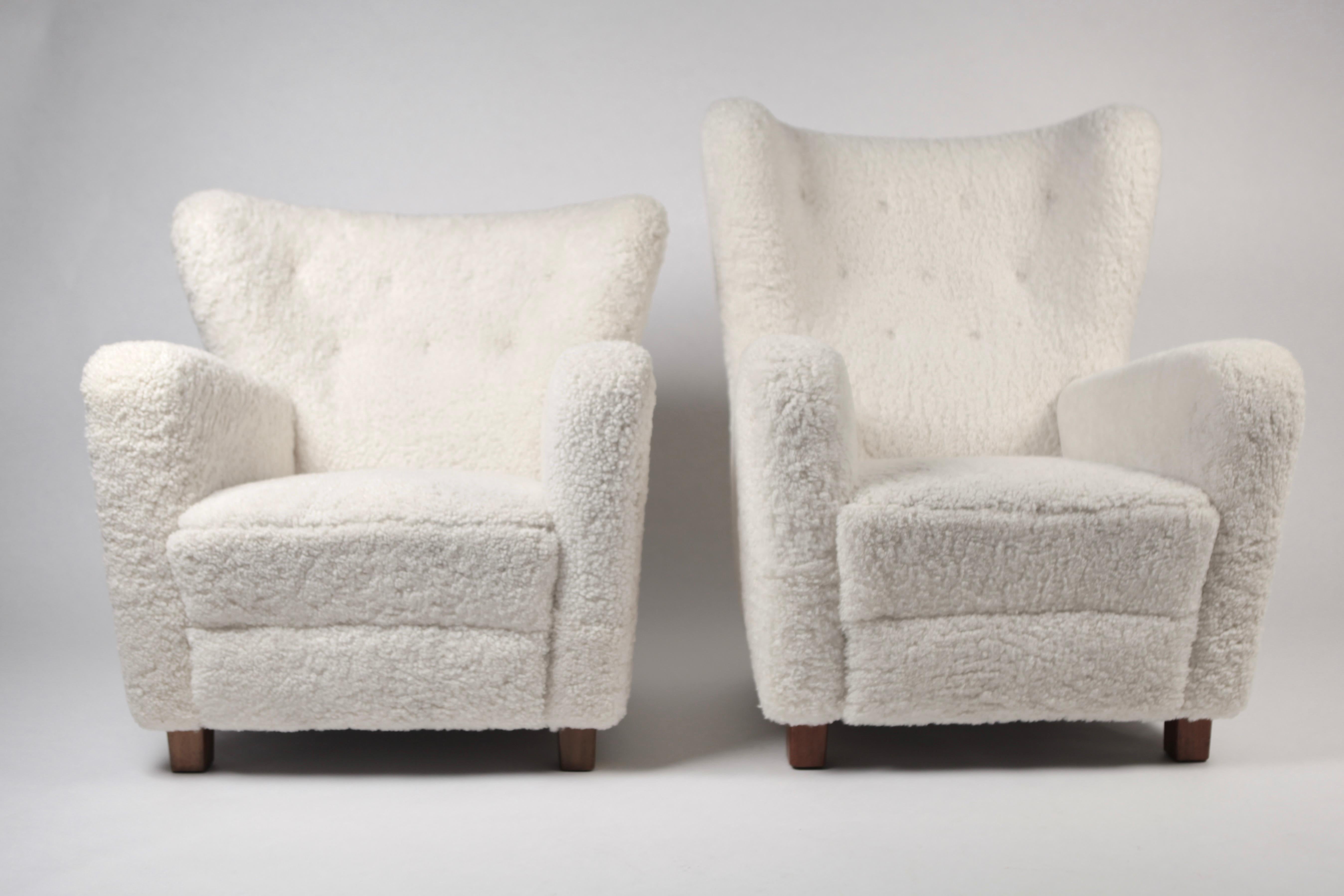 Fritz Hansen, Pair of High & Low Back Wing Chair in Shearling, Denmark, 1940s 12