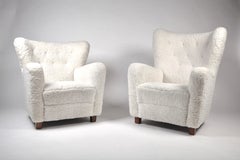 Fritz Hansen, Pair of High & Low Back Wing Chair in Shearling, Denmark, 1940s
