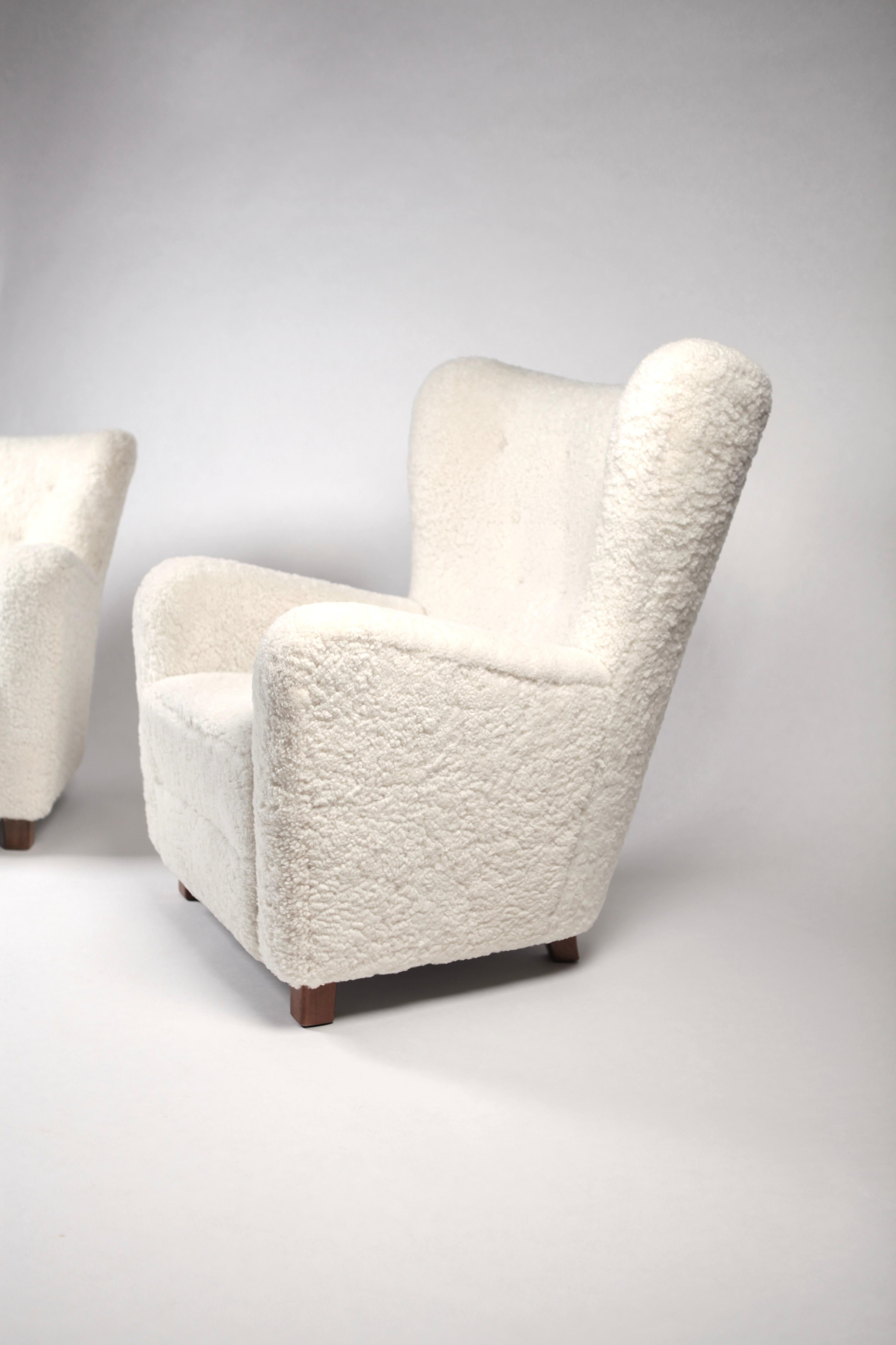 Danish Fritz Hansen, Pair of High & Low Back Wing Chair in Shearling, Denmark, 1940s