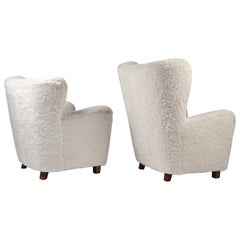 Fritz Hansen, Pair of High & Low Back Wing Chair in Shearling, Denmark, 1940s