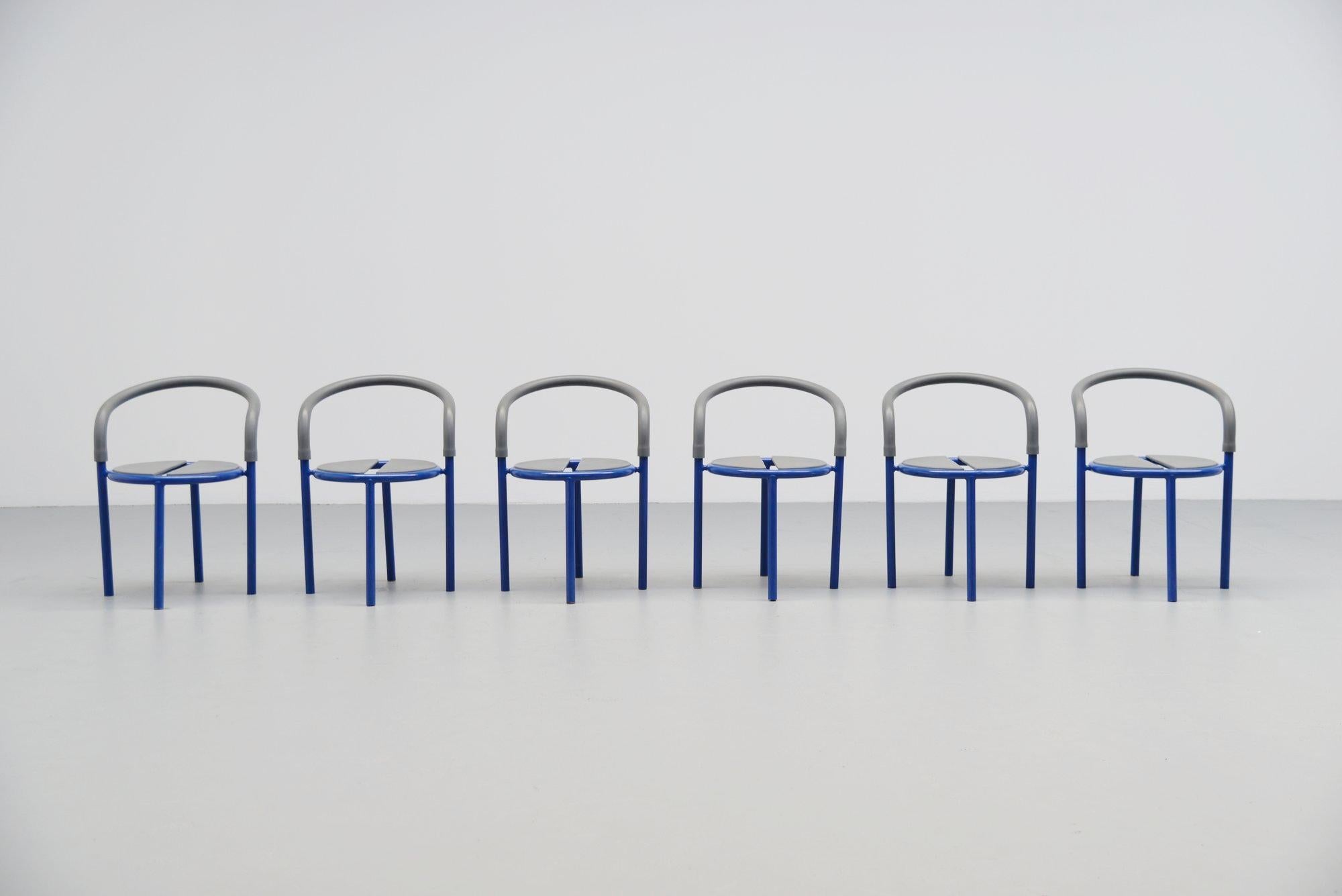 Very nice garden chairs designed by the Niels Gammelgaard for Fritz Hansen produced in 1990. Nice shiny blue lacquered metal and rubber seat and back. Can be used outdoors as well, easy to clean. All in good condition and all marked with the Fritz