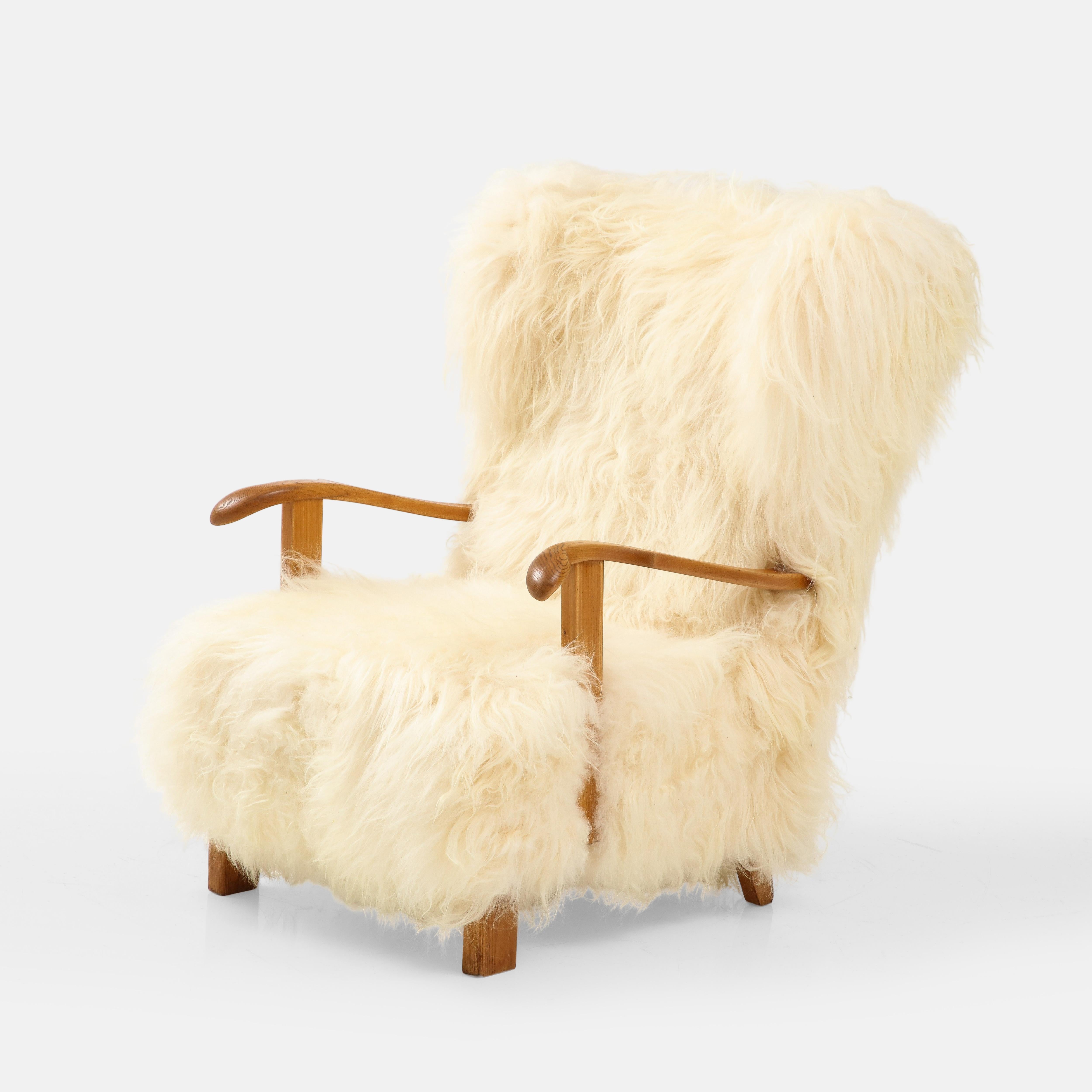 Fritz Hansen paire de chaises longues Wingback rares en peau de mouton, modèle 1582, années 1930 en vente 4