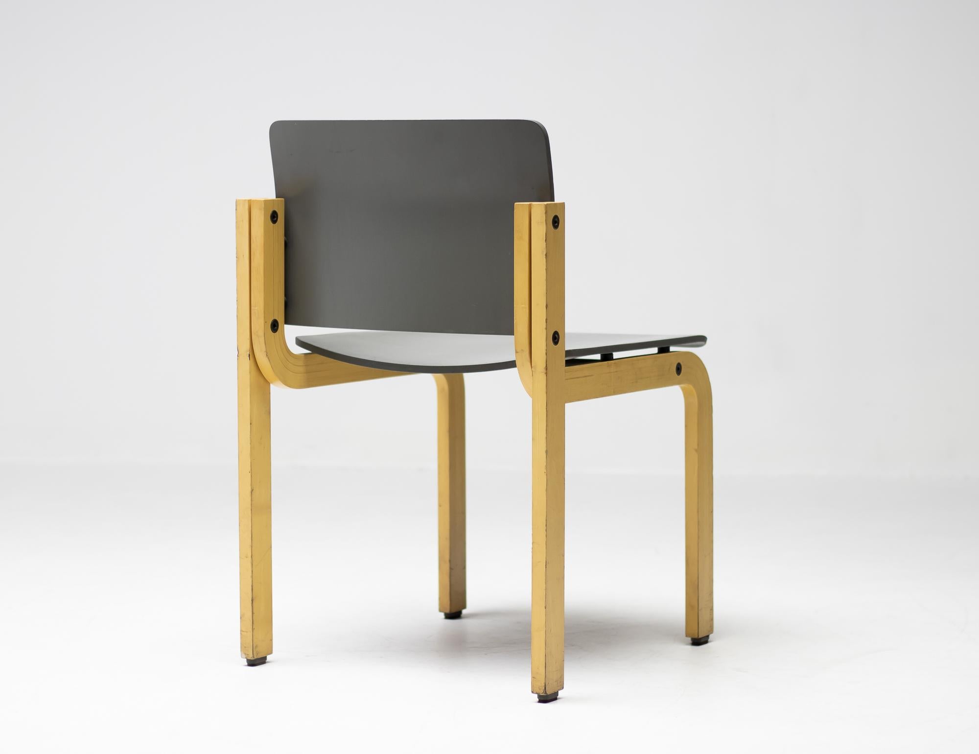 Forty-five plywood stacking chairs made by Fritz Hansen in 1986.
Very ingenious design and very comfortable. 
Impossible to find anywhere around the world, we couldn't find out who designed the chairs.
The leg design recalls the designs by Peter