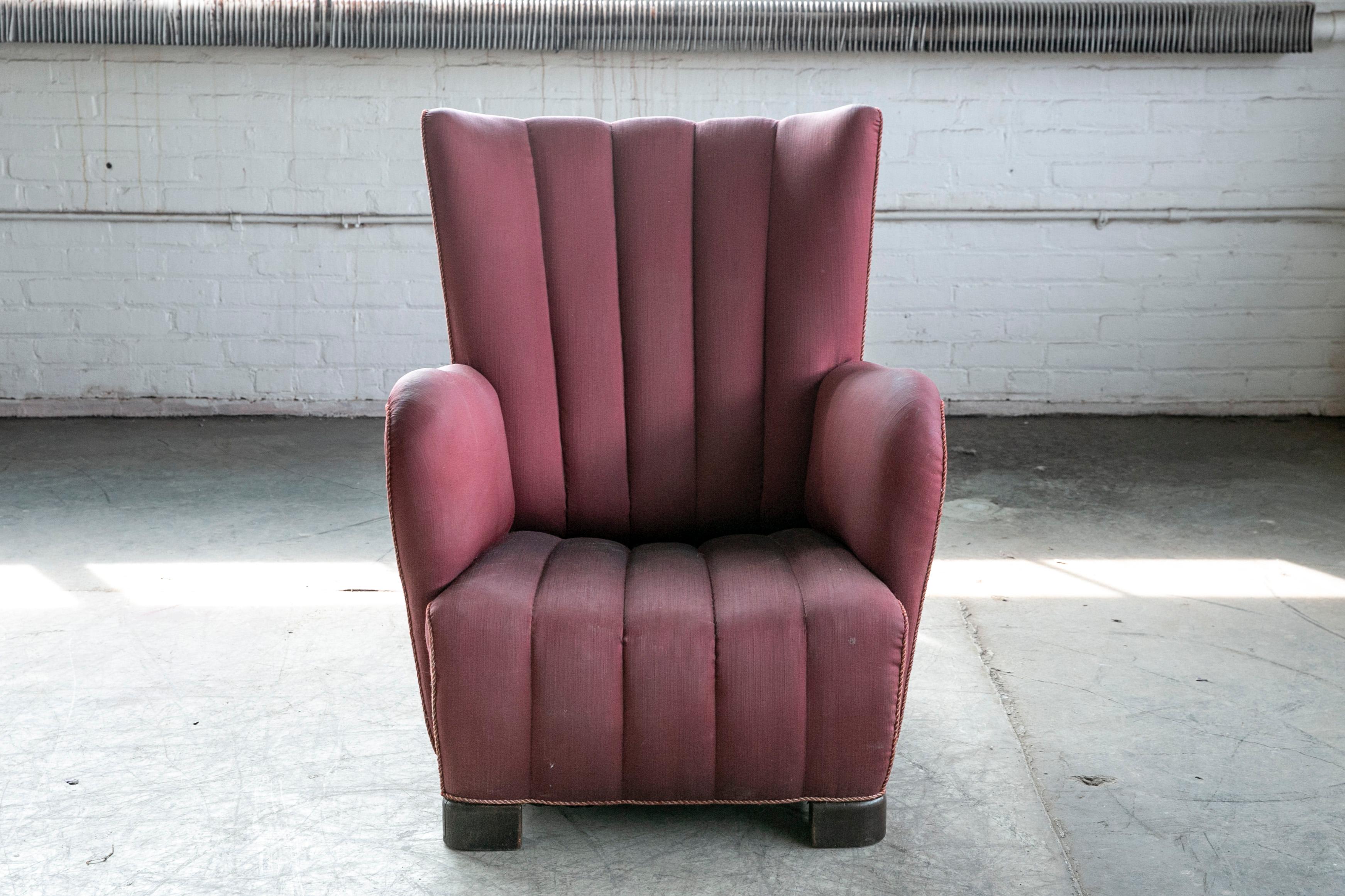 Mid-Century Modern Fritz Hansen Style 1940s Danish Channel Back Lounge Chair For Sale