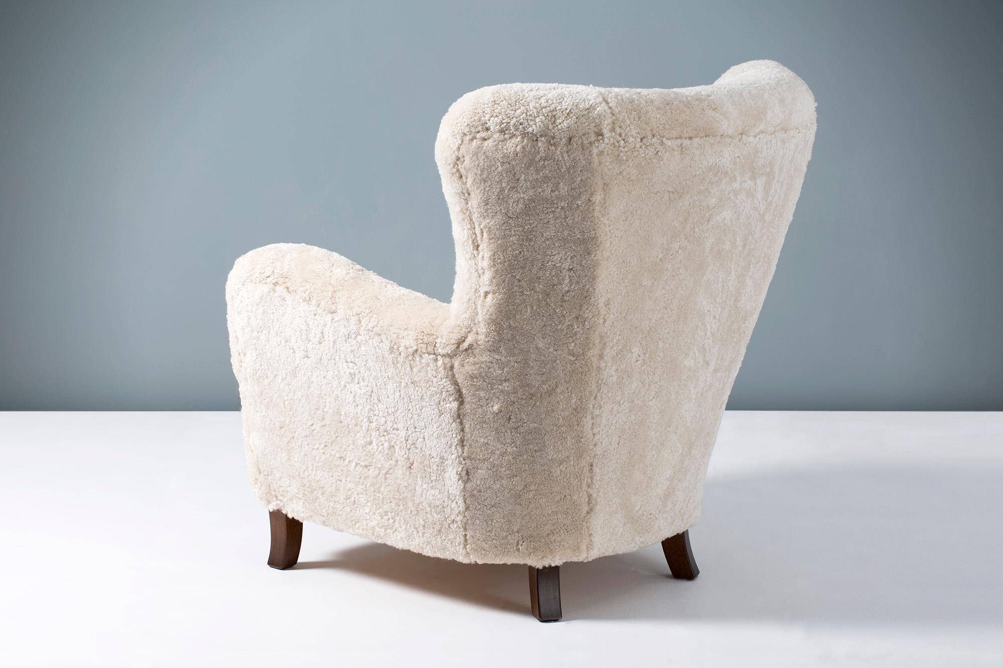 British Custom Made 1940s Style Sheepskin Wing Chair For Sale