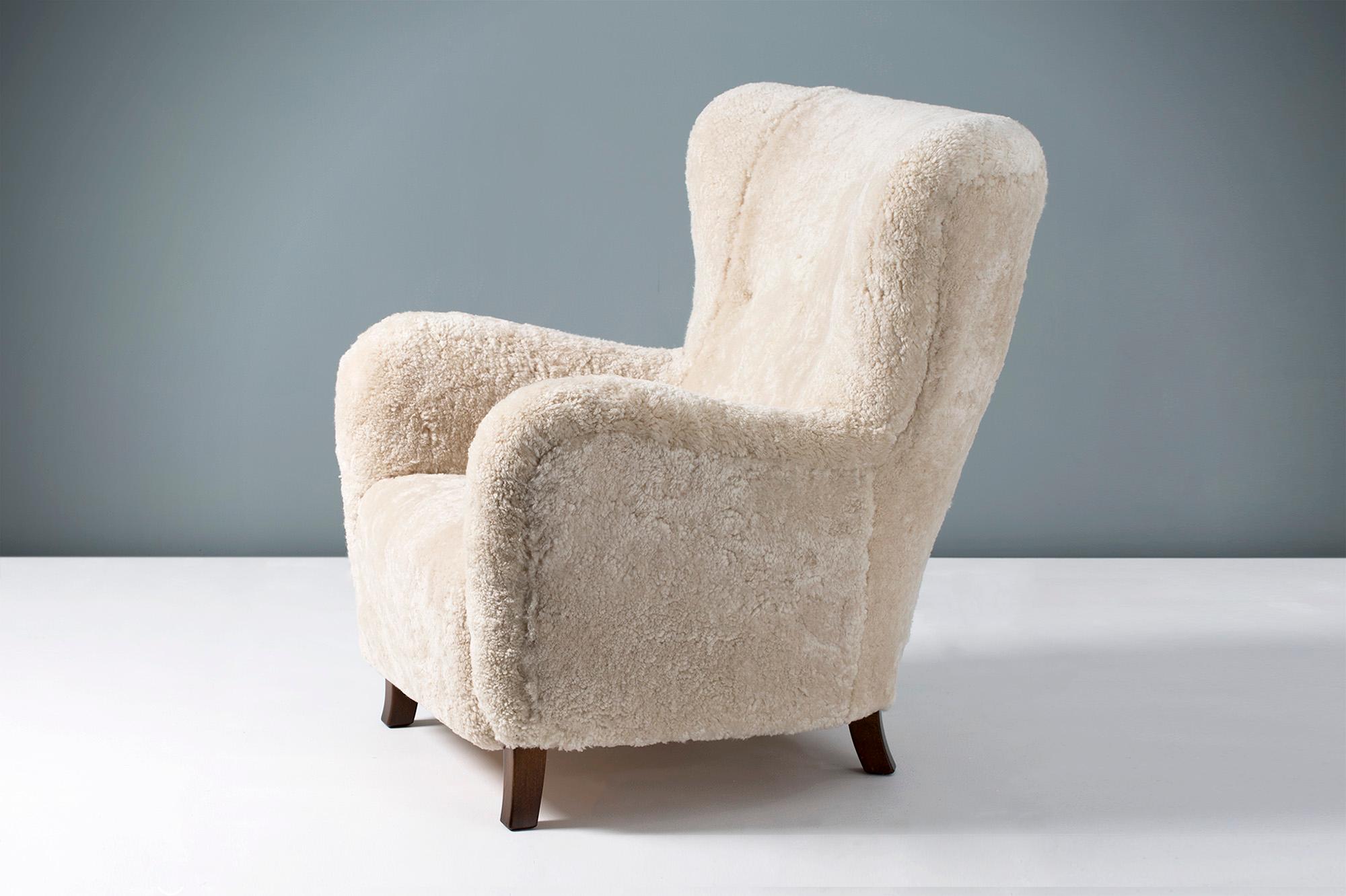 Fritz Hansen Style 1940s Sheepskin Wing Chair In Excellent Condition In London, GB