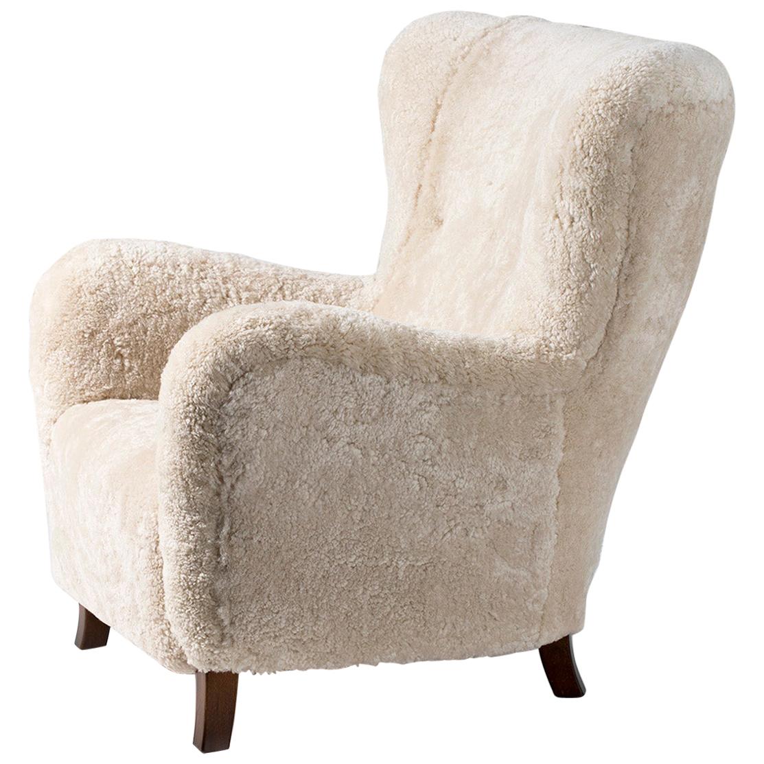 Fritz Hansen Style 1940s Sheepskin Wing Chair