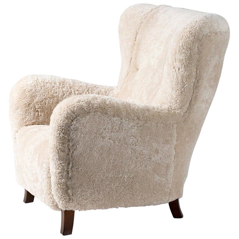Custom Made 1940s Style Sheepskin Wing Chair For Sale at 1stDibs