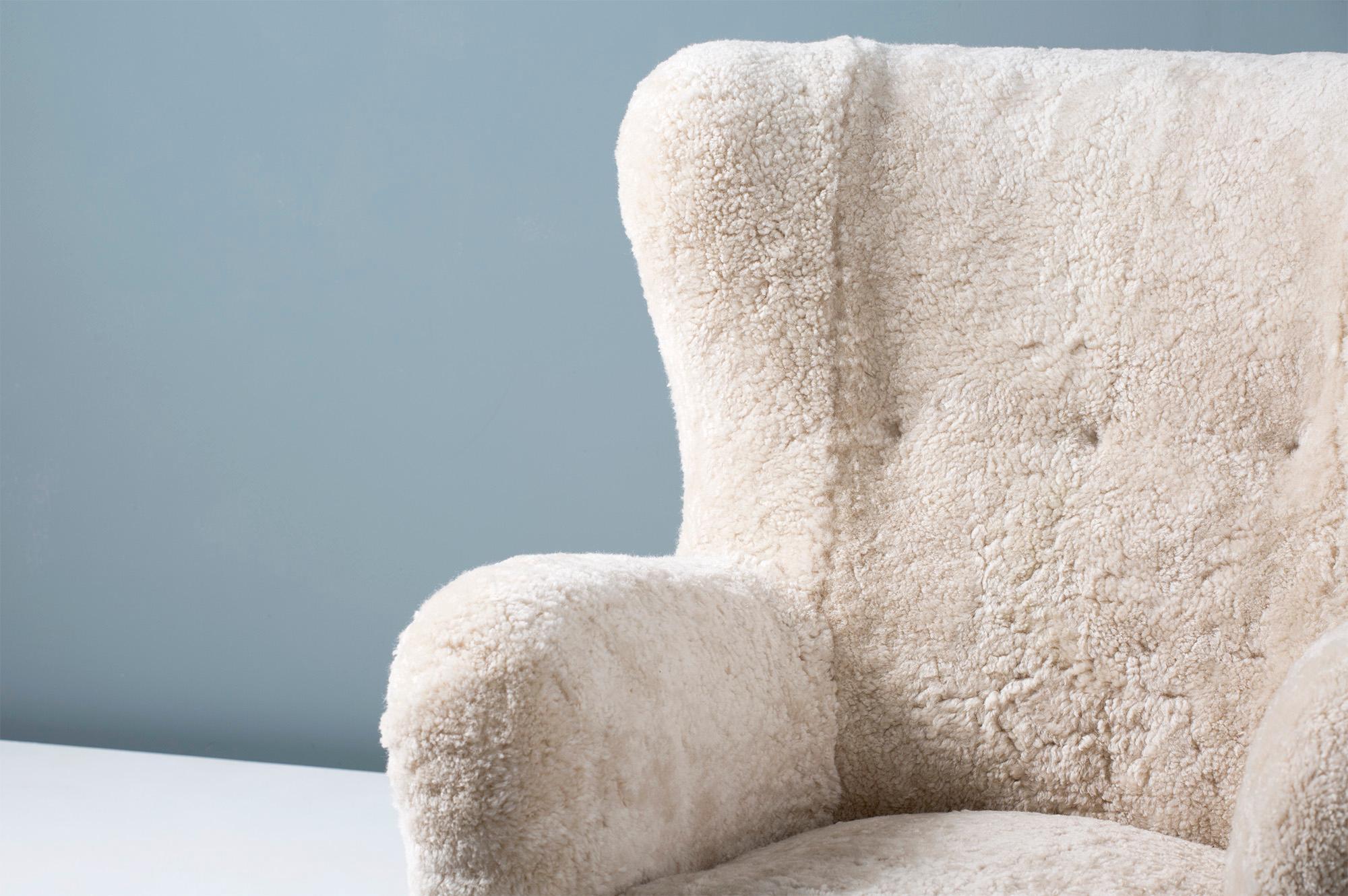 Danish Fritz Hansen Style 1940s Sheepskin Wing Chairs