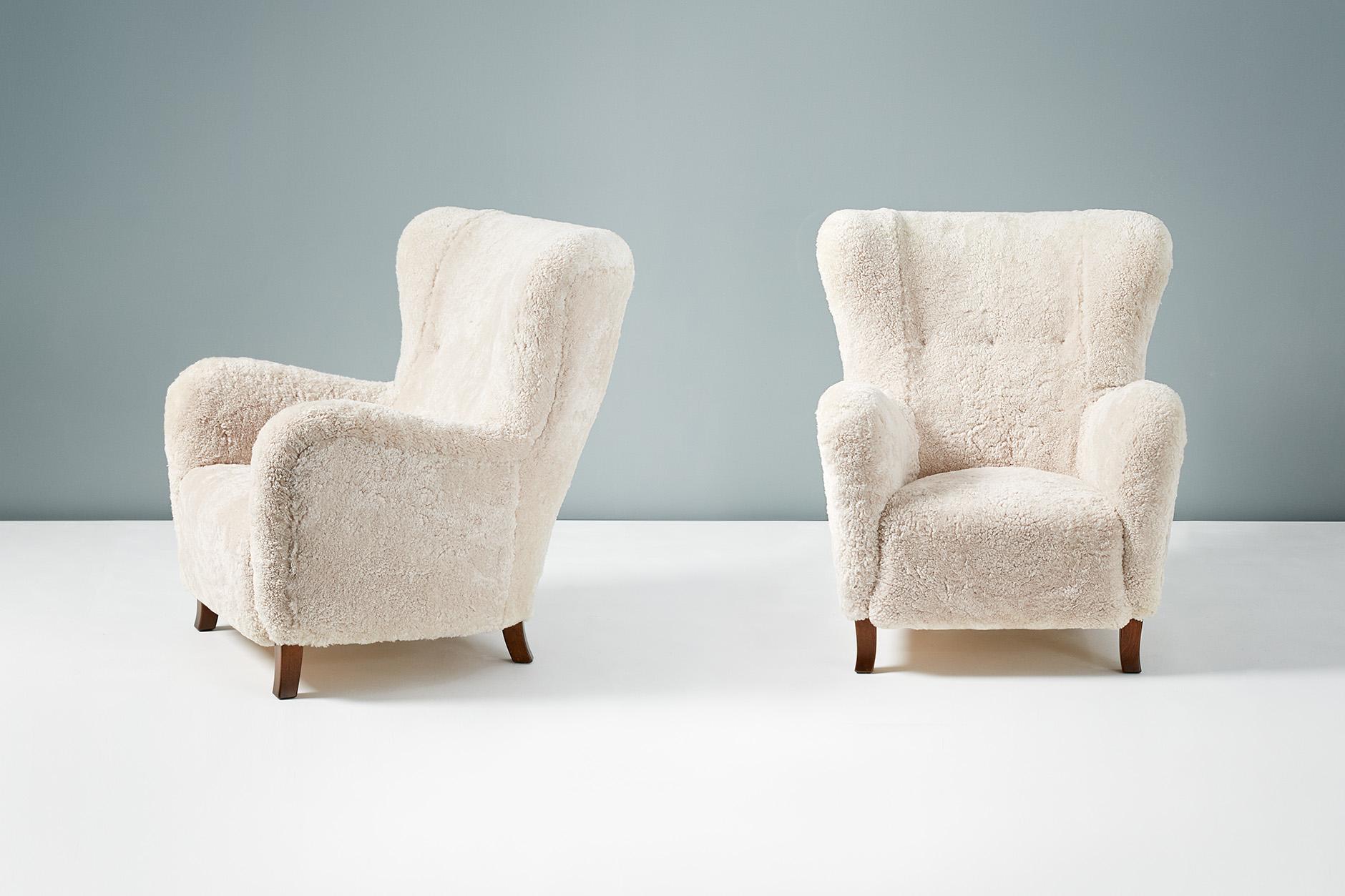 Mid-20th Century Fritz Hansen Style 1940s Sheepskin Wing Chairs