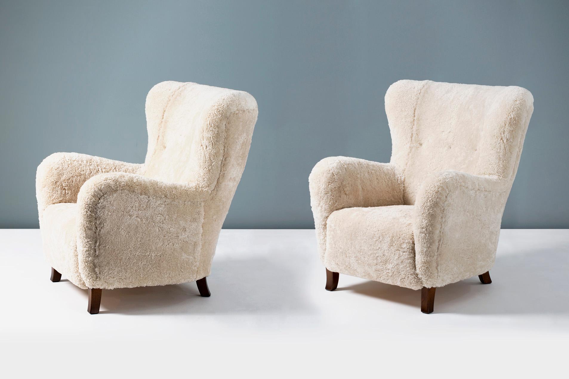 Mid-20th Century Fritz Hansen Style 1940s Sheepskin Wing Chairs