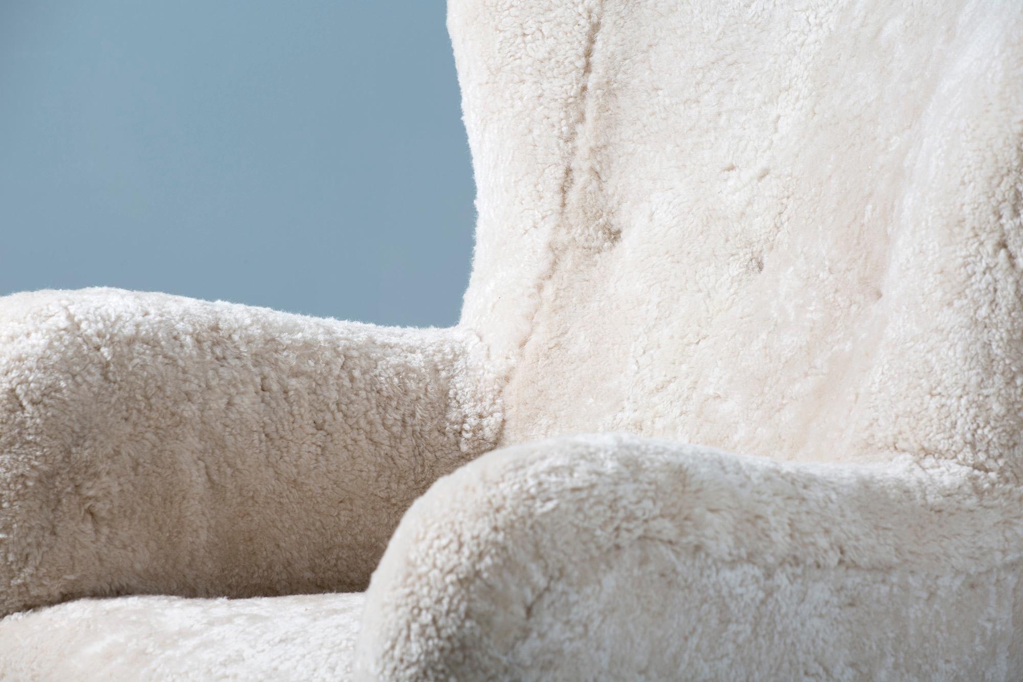 Fritz Hansen Style 1940s Sheepskin Wing Chairs 1