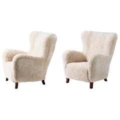 Fritz Hansen Style 1940s Sheepskin Wing Chairs