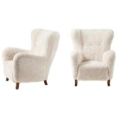 Fritz Hansen Style 1940s Sheepskin Wing Chairs