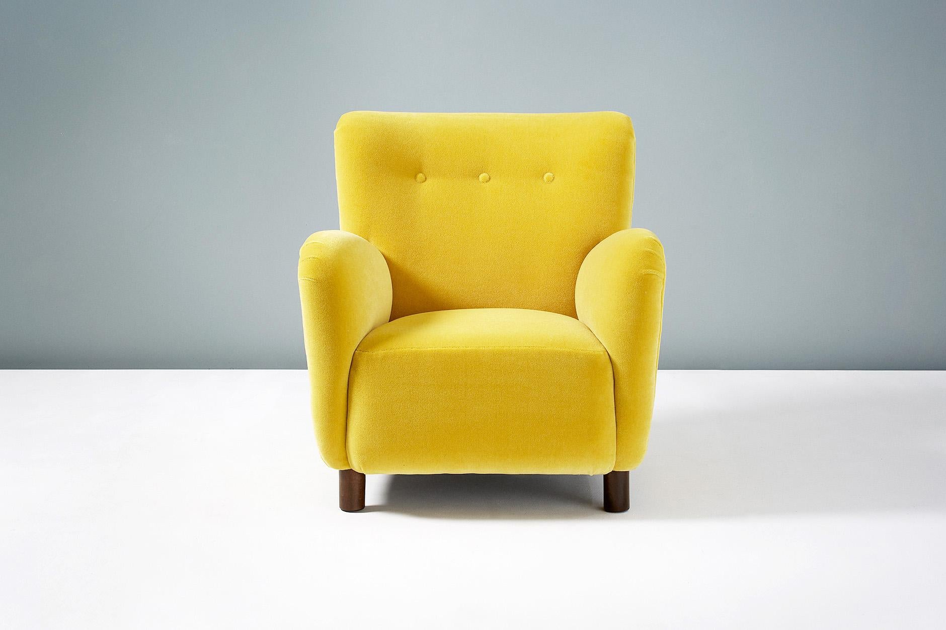 Dagmar Design Model 54 Armchair

A custom-made lounge chair with solid hardwood frame, stained beech legs and 'Saffron' yellow mohair Velvet by Pierre Frey, Paris. These chairs are handmade to order at our workshops in London and feature a fully