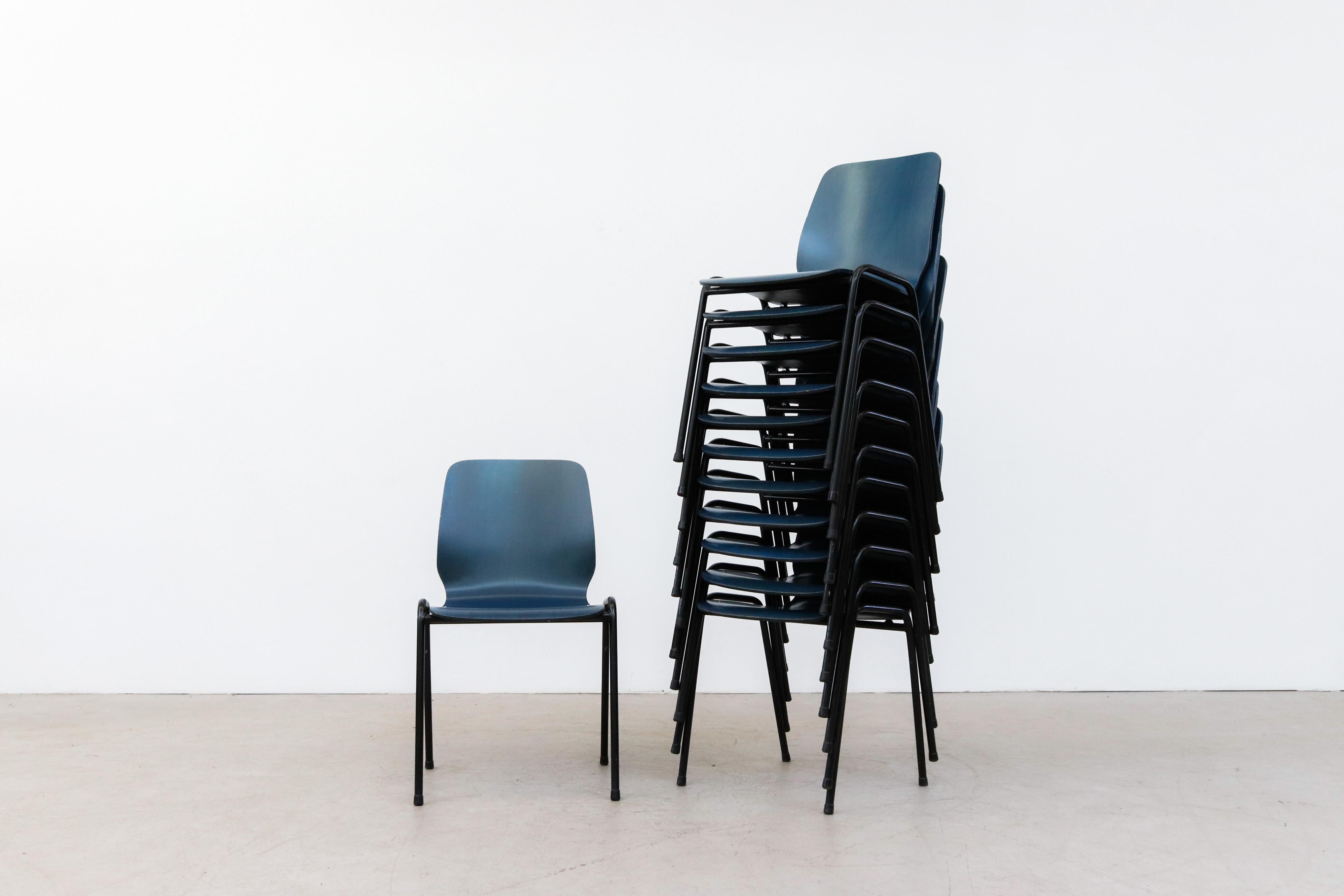 Dutch Fritz Hansen Style Blue Stained Wingback Stacking Chairs