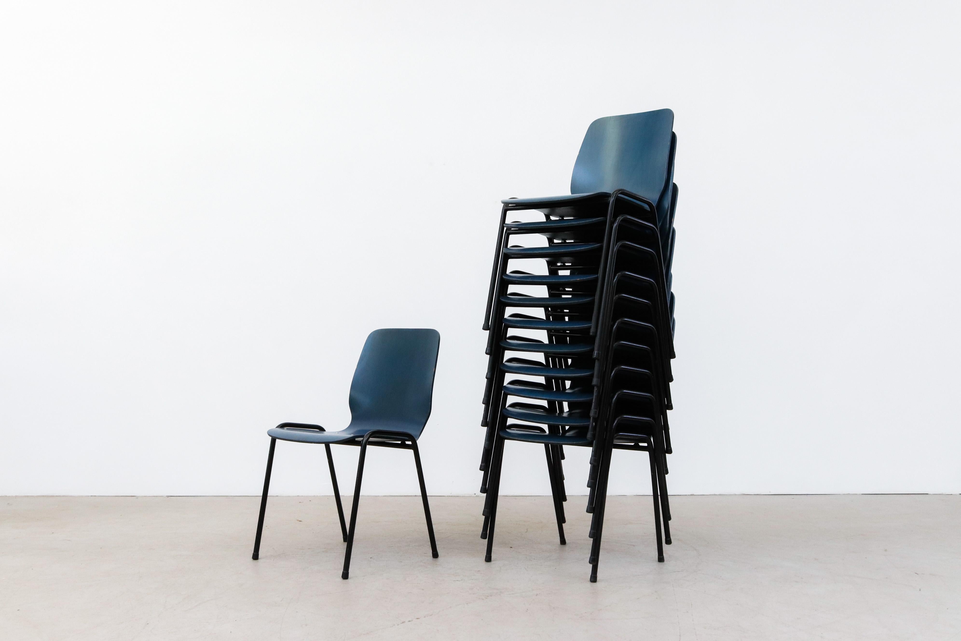 Enameled Fritz Hansen Style Blue Stained Wingback Stacking Chairs