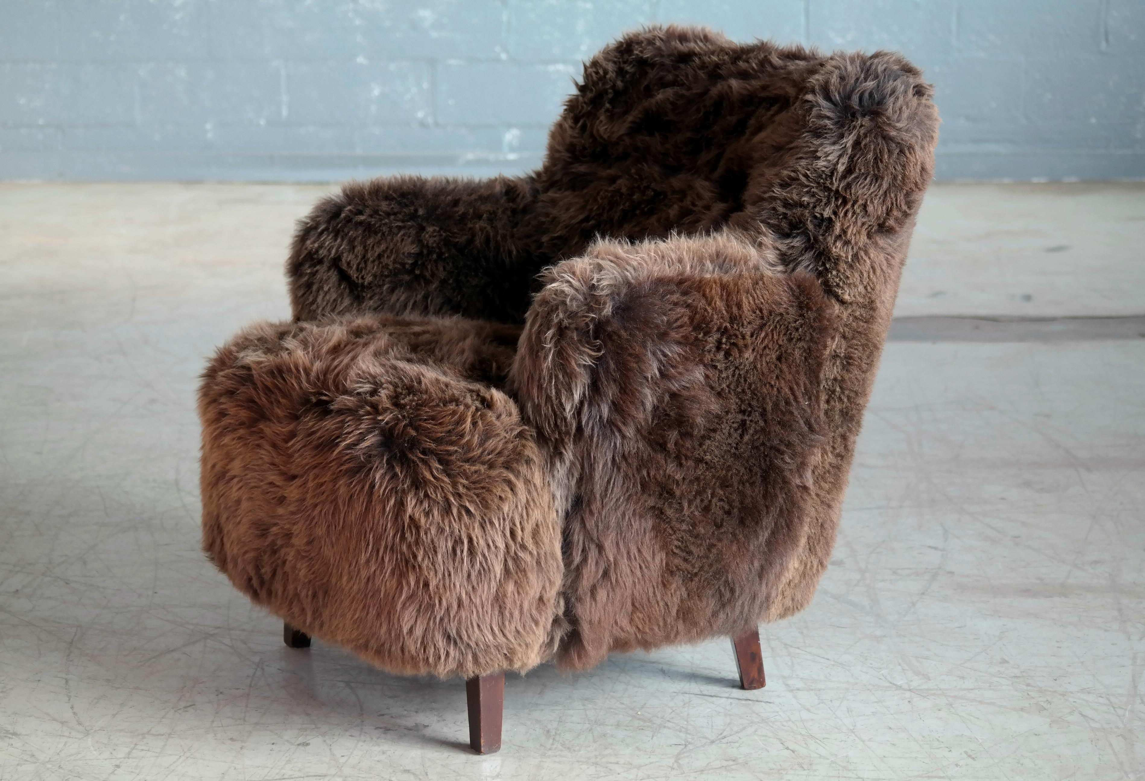 Fritz Hansen Style Danish 1950s Lounge Chair Covered in Icelandic Sheepskin 1