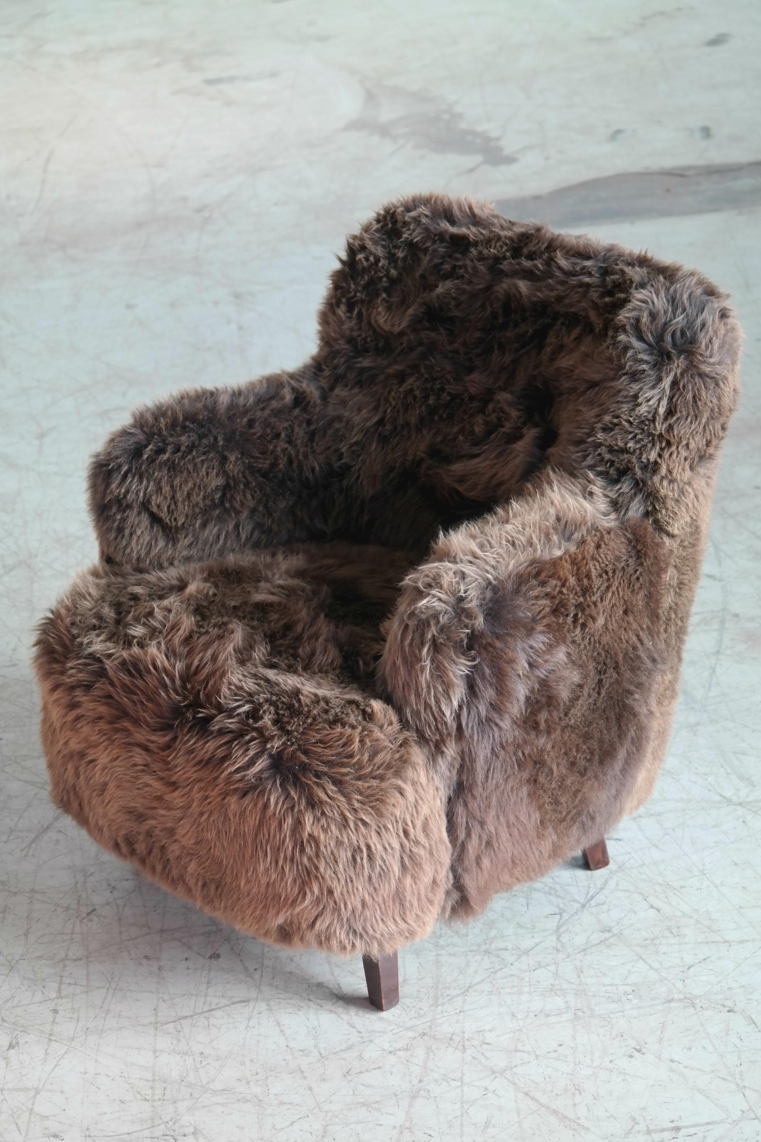 Fritz Hansen Style Danish 1950s Lounge Chair Covered in Icelandic Sheepskin 2